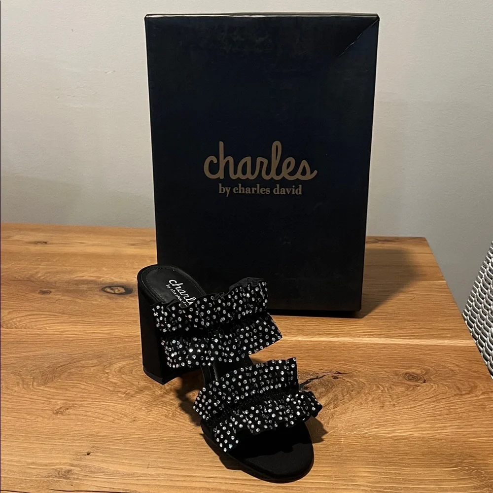 Charles David Royals Black Ruffled Rhinestone Banded Block Heel Sandals 8.5 NEW - Picture 2 of 13